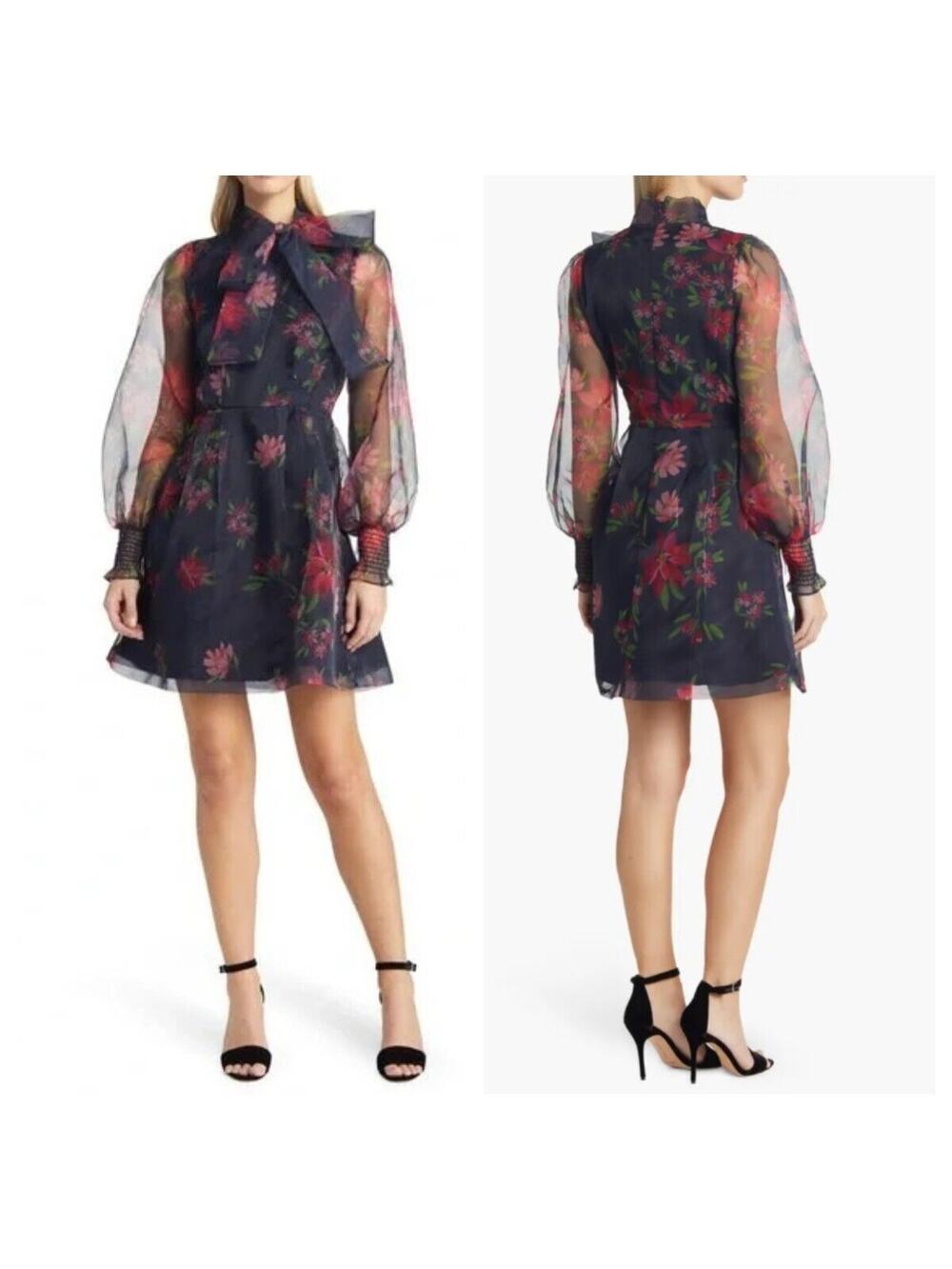 New NoTag Rachel Parcell Floral Tie Neck Long Sleeve‎ Organza Satin Dress Size 4